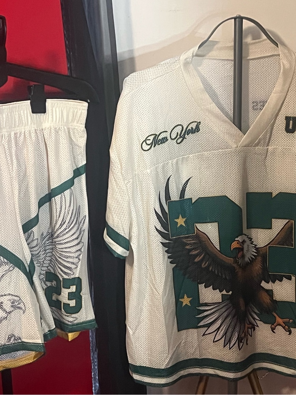 Women White & Green Eagle Mesh Jersey Top and Shorts Set